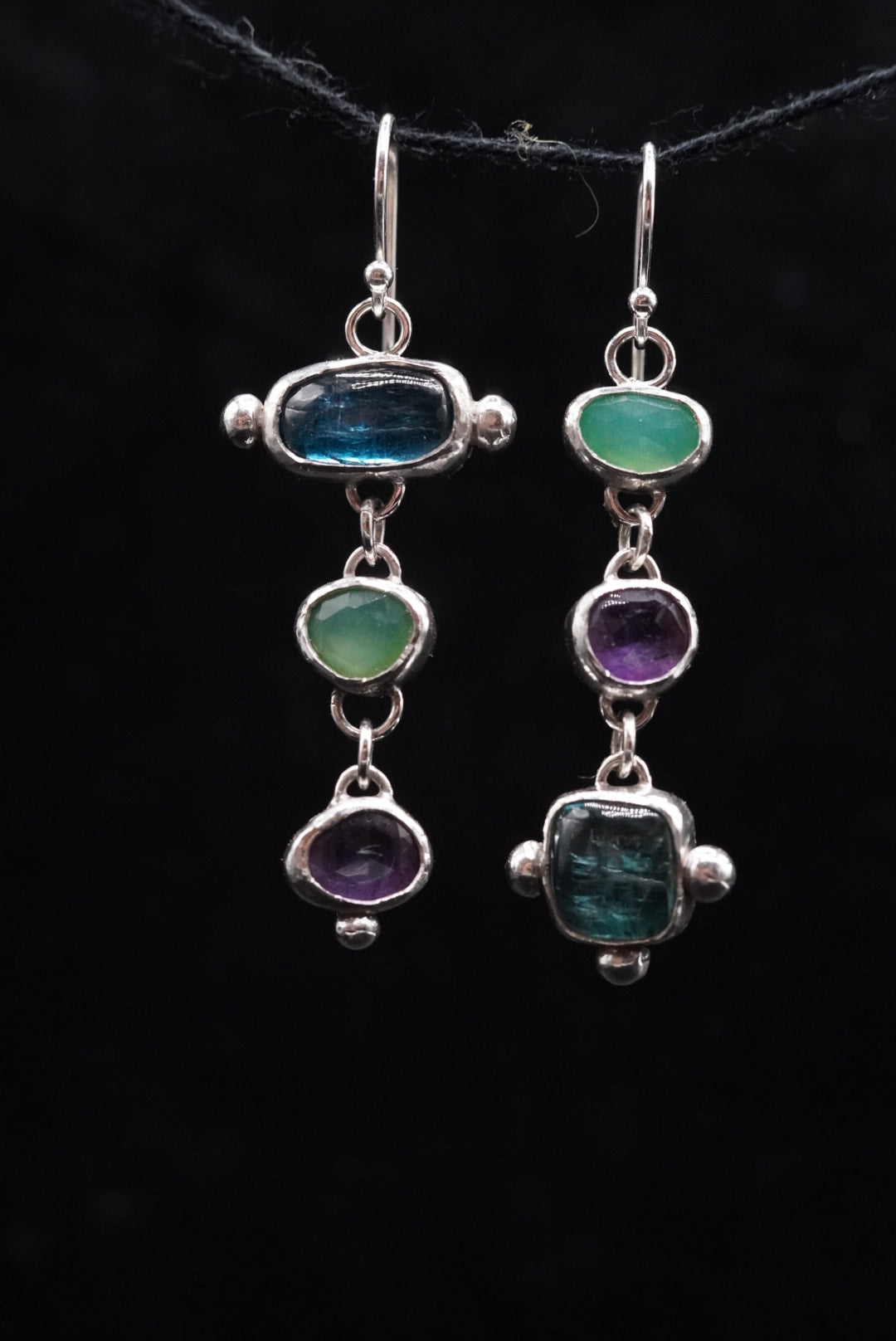 Seer’s Dangles- Kyanite, Chrysoprase, Amethyst Earrings