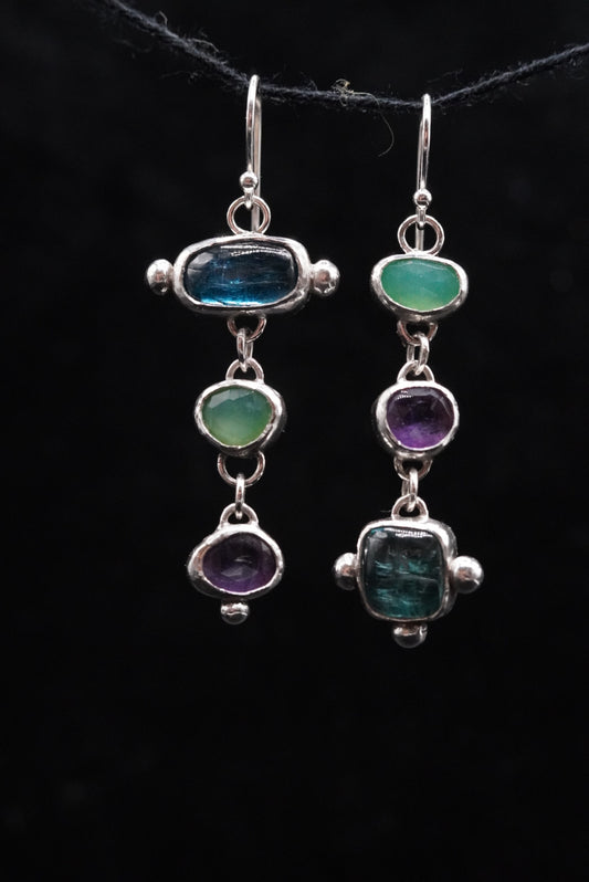 Seer’s Dangles- Kyanite, Chrysoprase, Amethyst Earrings