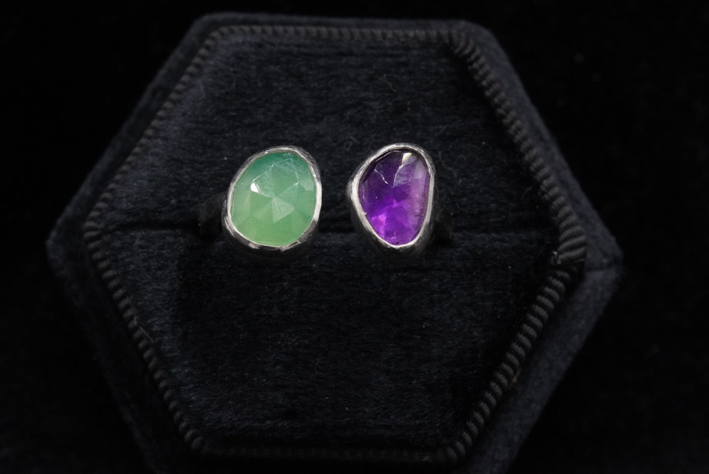 Twin Ring- Chrysoprase and Amethyst, size 7.5