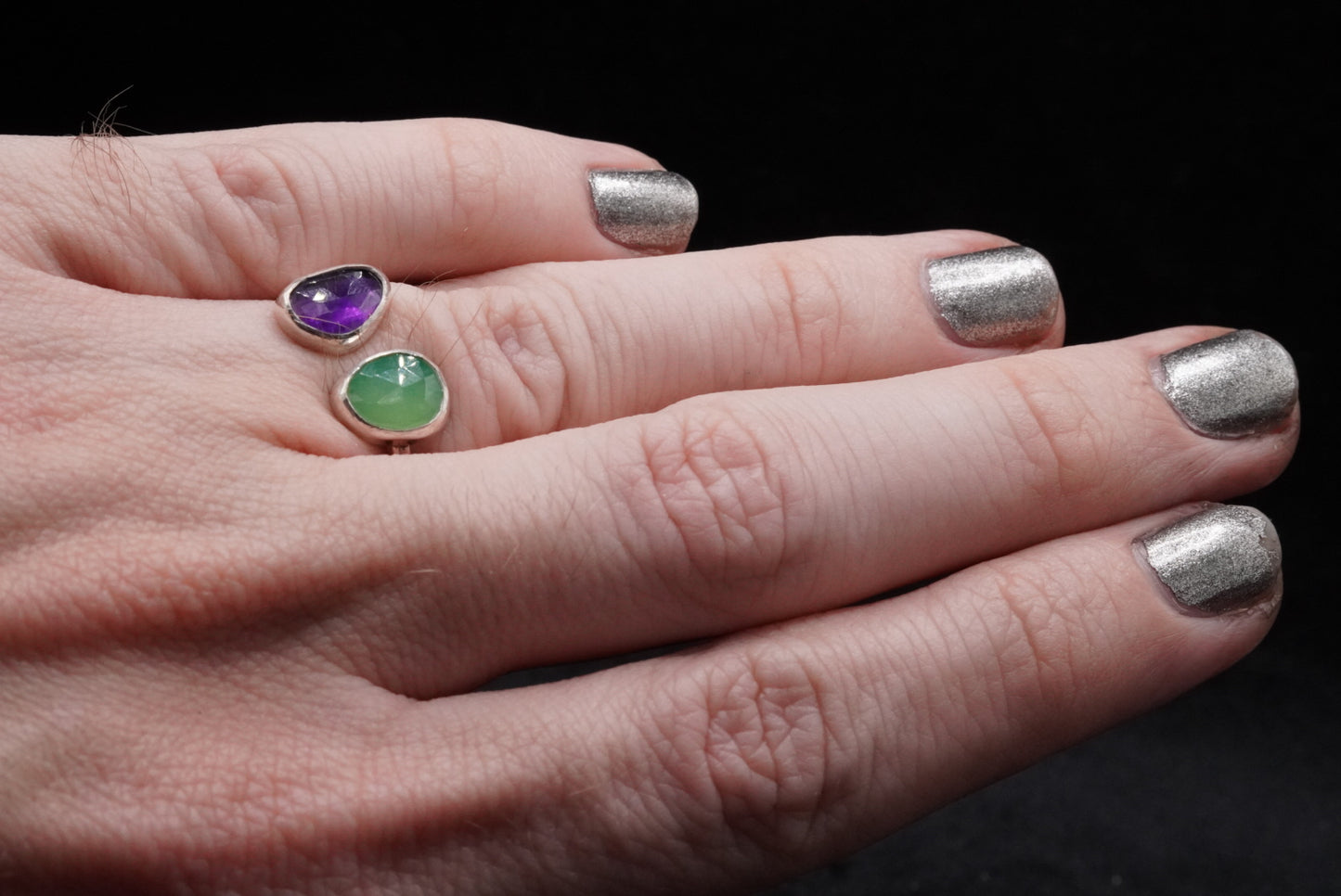 Twin Ring- Chrysoprase and Amethyst, size 7.5