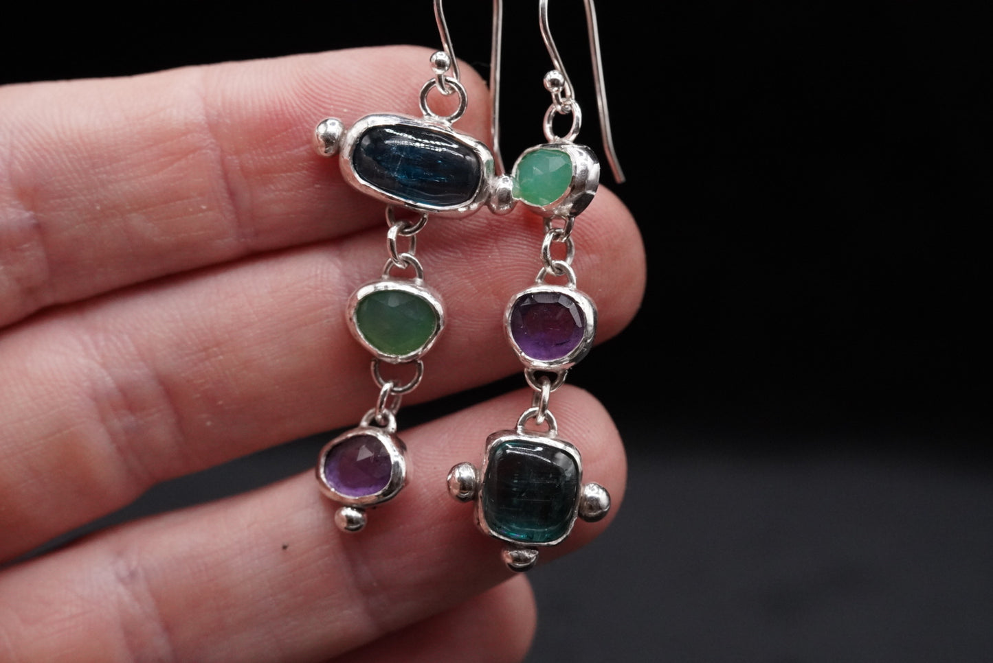 Seer’s Dangles- Kyanite, Chrysoprase, Amethyst Earrings